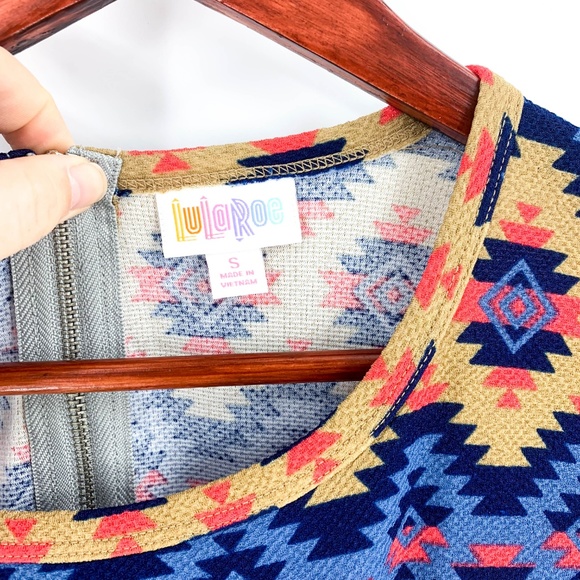 LuLaRoe Amelia Tan & Blue Aztec Short Sleeve Dress - Picture 5 of 7